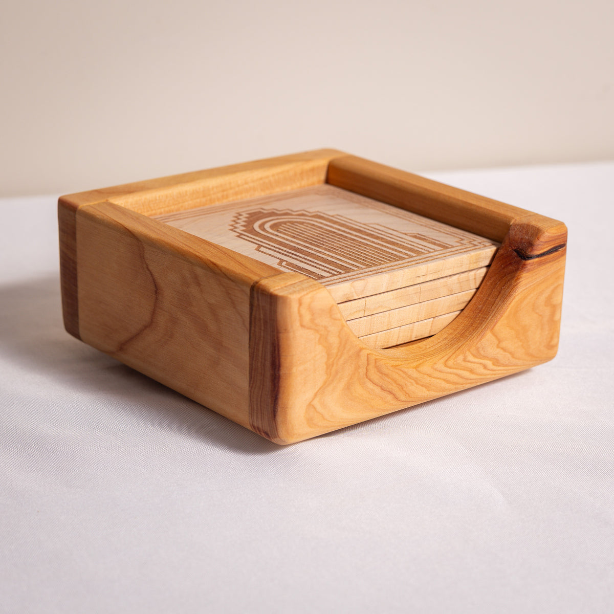 Neo Deco Coaster Set - NZ Macrocarpa | Set of 4 + Holder