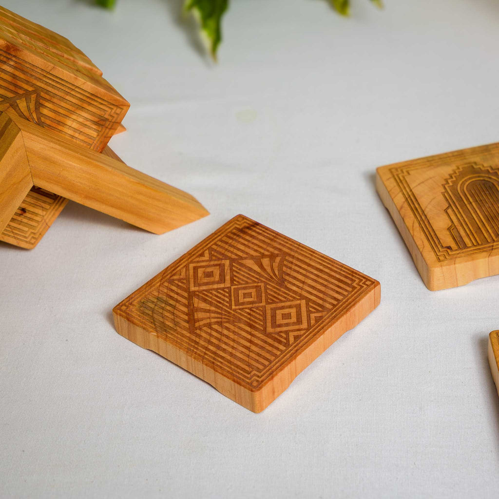 Art Deco Coaster Set, Handmade NZ Macrocarpa Timber (Set of 6)