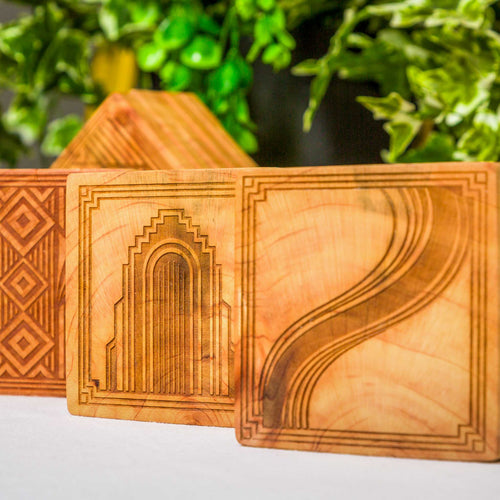 Art Deco Coaster Set, Handmade NZ Macrocarpa Timber (Set of 6)