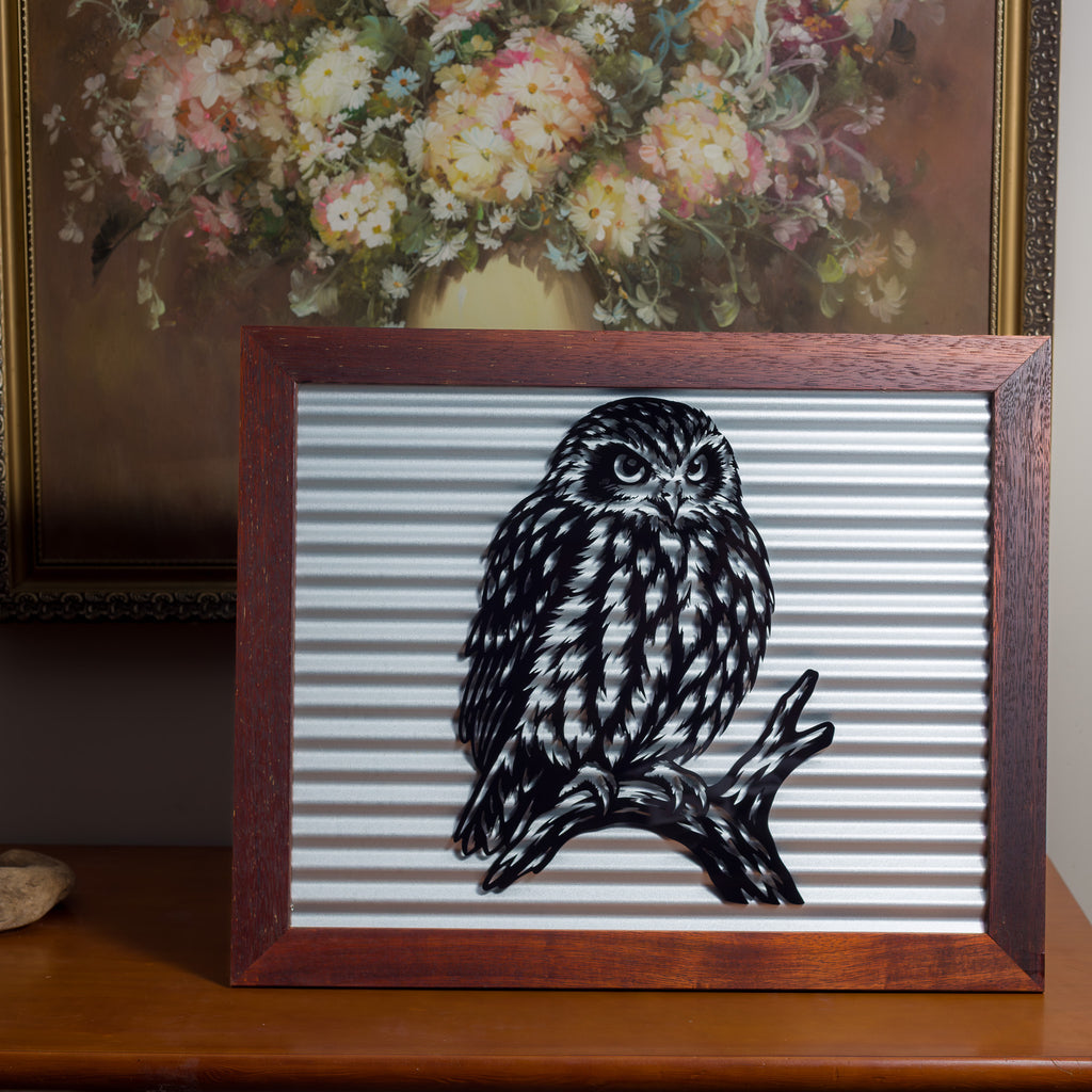 Ruru Morepork Outdoor Wall Art – Corrugated Metal & Black Acrylic – Kwila Frame