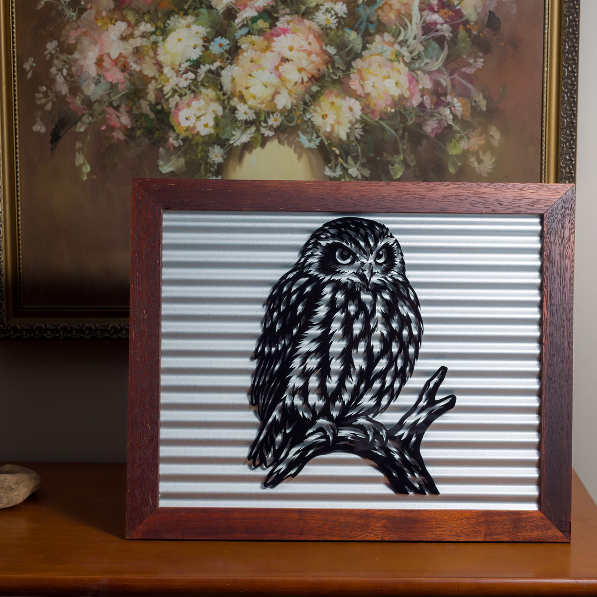 Ruru Morepork Outdoor Wall Art – Corrugated Metal & Black Acrylic – Kwila Frame