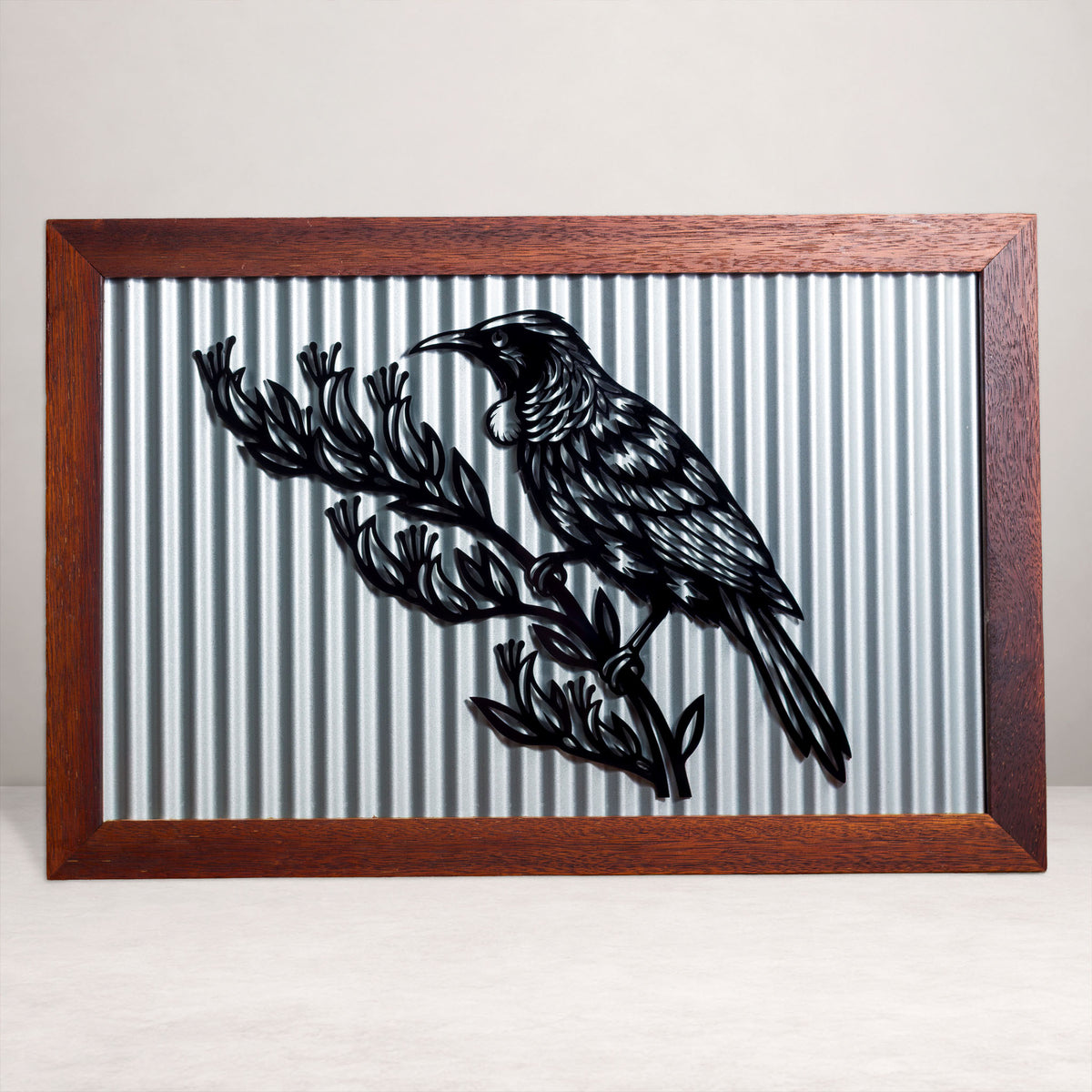 Tūī Outdoor Wall Art – Corrugated Metal & Black Acrylic – Kwila Frame