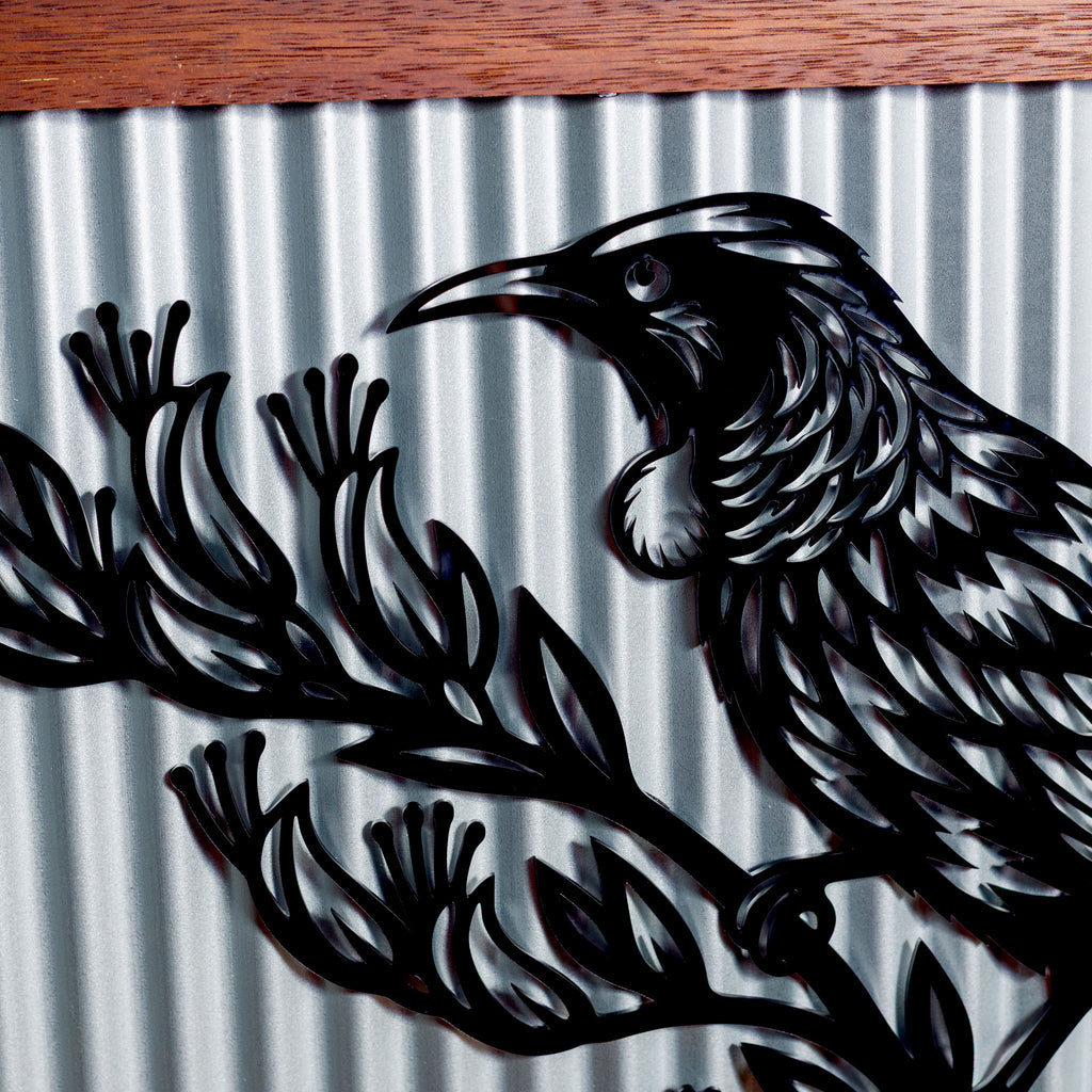Tūī Outdoor Wall Art – Corrugated Metal & Black Acrylic – Kwila Frame
