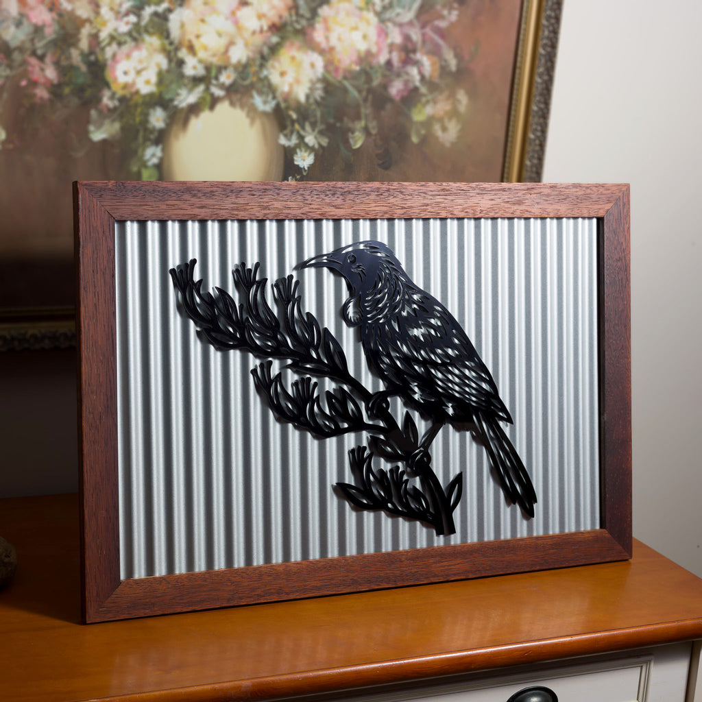 Tūī Outdoor Wall Art – Corrugated Metal & Black Acrylic – Kwila Frame