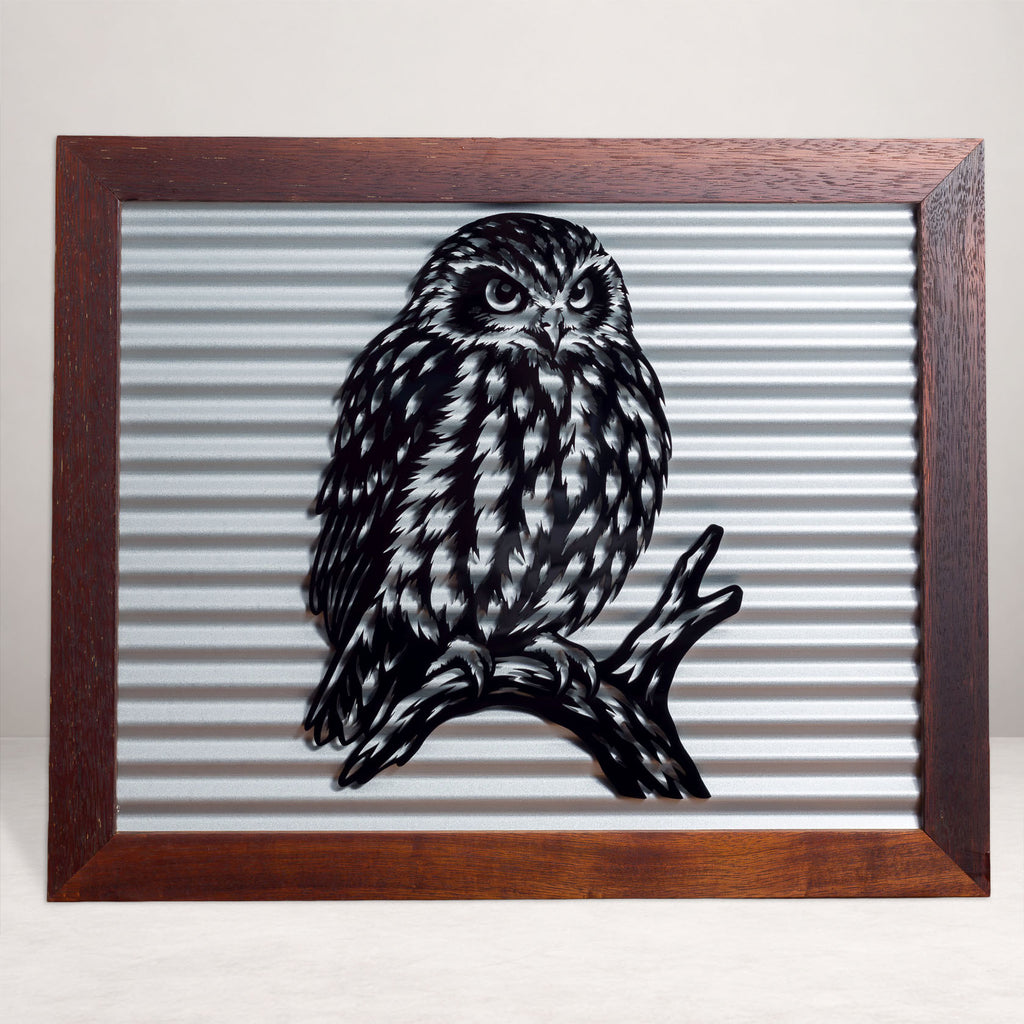 Ruru Morepork Outdoor Wall Art – Corrugated Metal & Black Acrylic – Kwila Frame