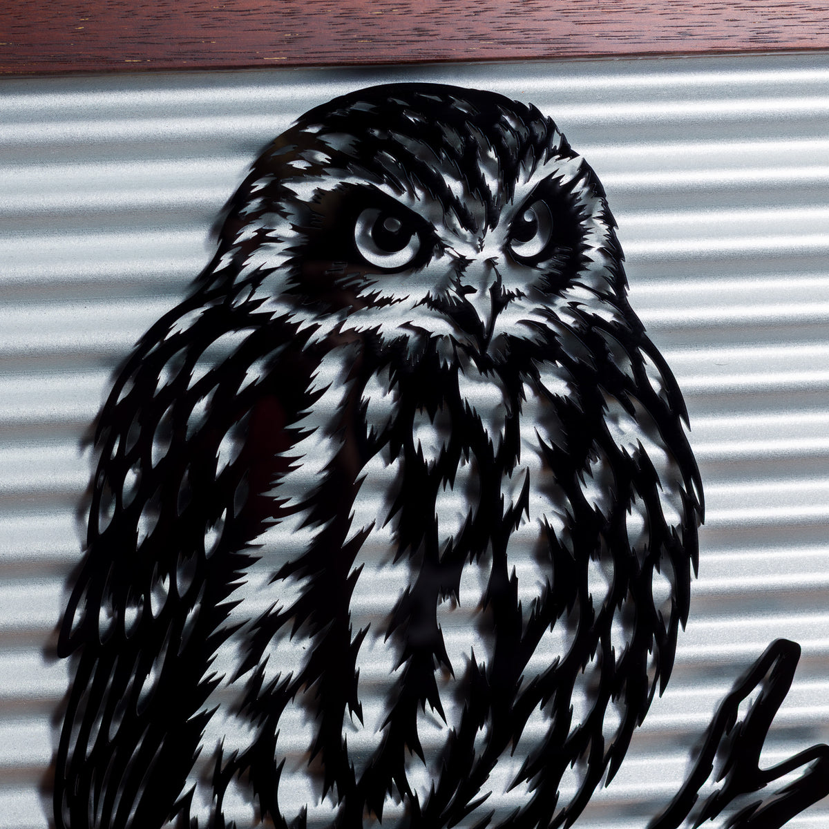 Ruru Morepork Outdoor Wall Art – Corrugated Metal & Black Acrylic – Kwila Frame