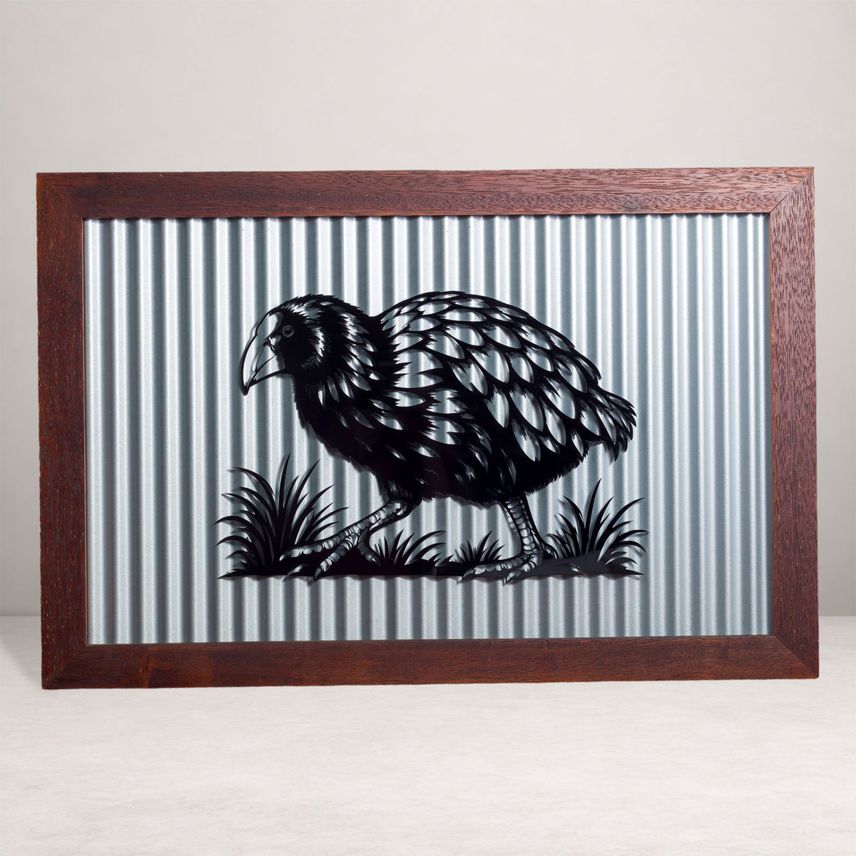 Takahē Outdoor Wall Art – Corrugated Metal & Black Acrylic – Kwila Frame