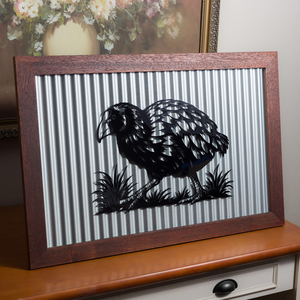 Takahē Outdoor Wall Art – Corrugated Metal & Black Acrylic – Kwila Frame