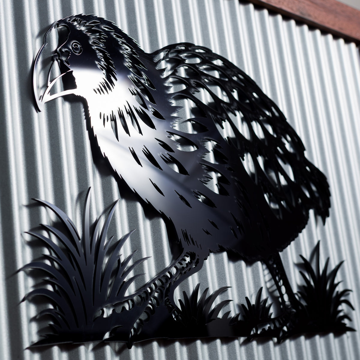 Takahē Outdoor Wall Art – Corrugated Metal & Black Acrylic – Kwila Frame