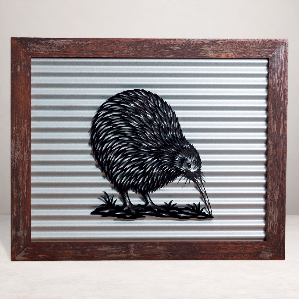Kiwi Outdoor Wall Art – Corrugated Metal & Black Acrylic – Kwila Frame