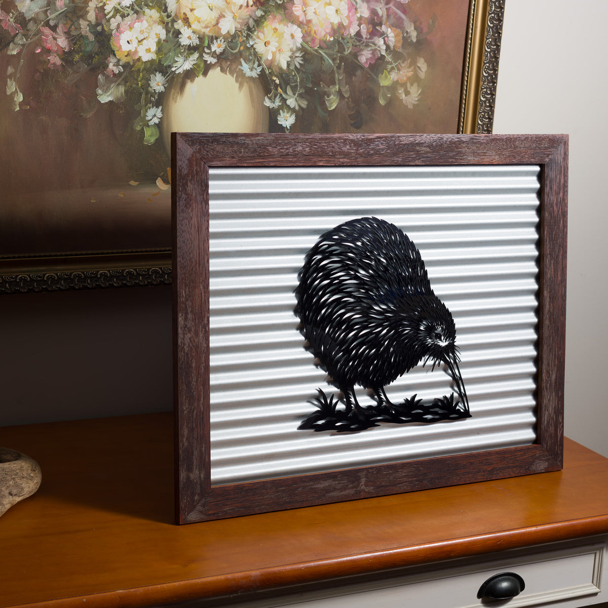 Kiwi Outdoor Wall Art – Corrugated Metal & Black Acrylic – Kwila Frame