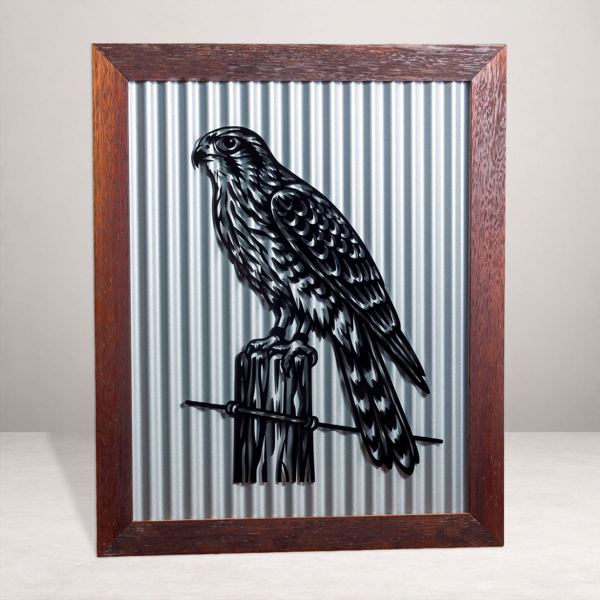 Kārearea New Zealand Falcon Outdoor Wall Art – Corrugated Metal & Black Acrylic – Kwila Frame