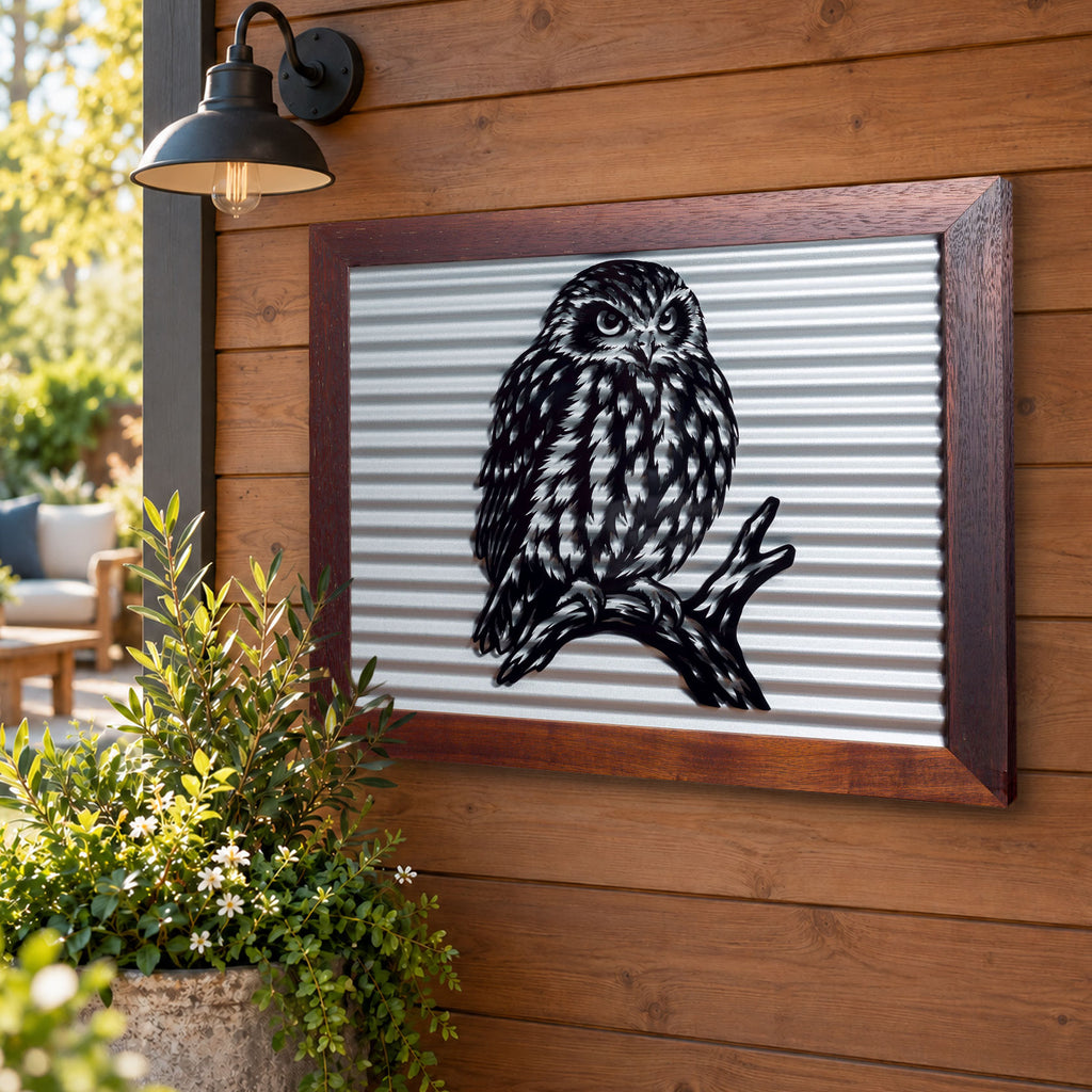 Ruru Morepork Outdoor Wall Art – Corrugated Metal & Black Acrylic – Kwila Frame