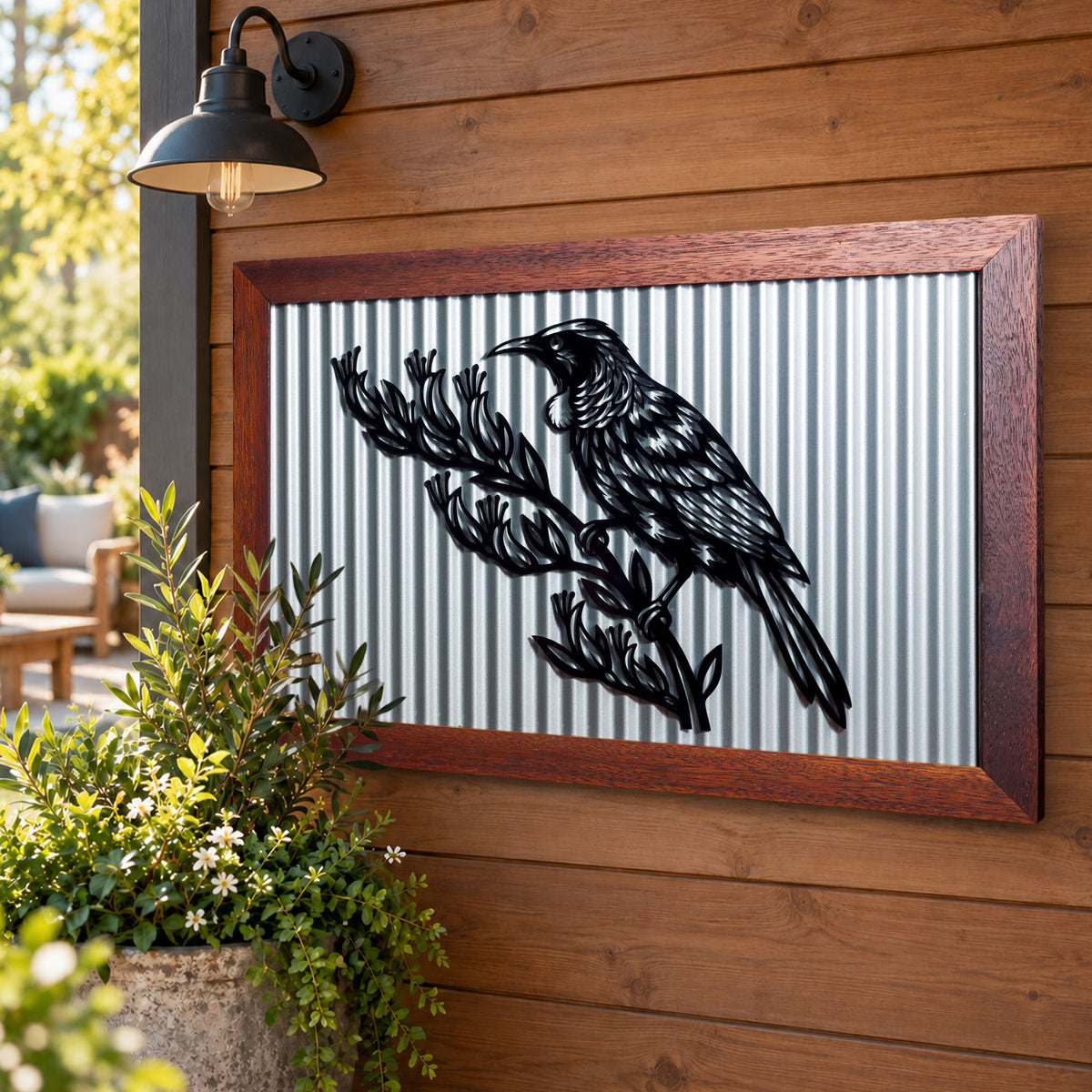 Tūī Outdoor Wall Art – Corrugated Metal & Black Acrylic – Kwila Frame
