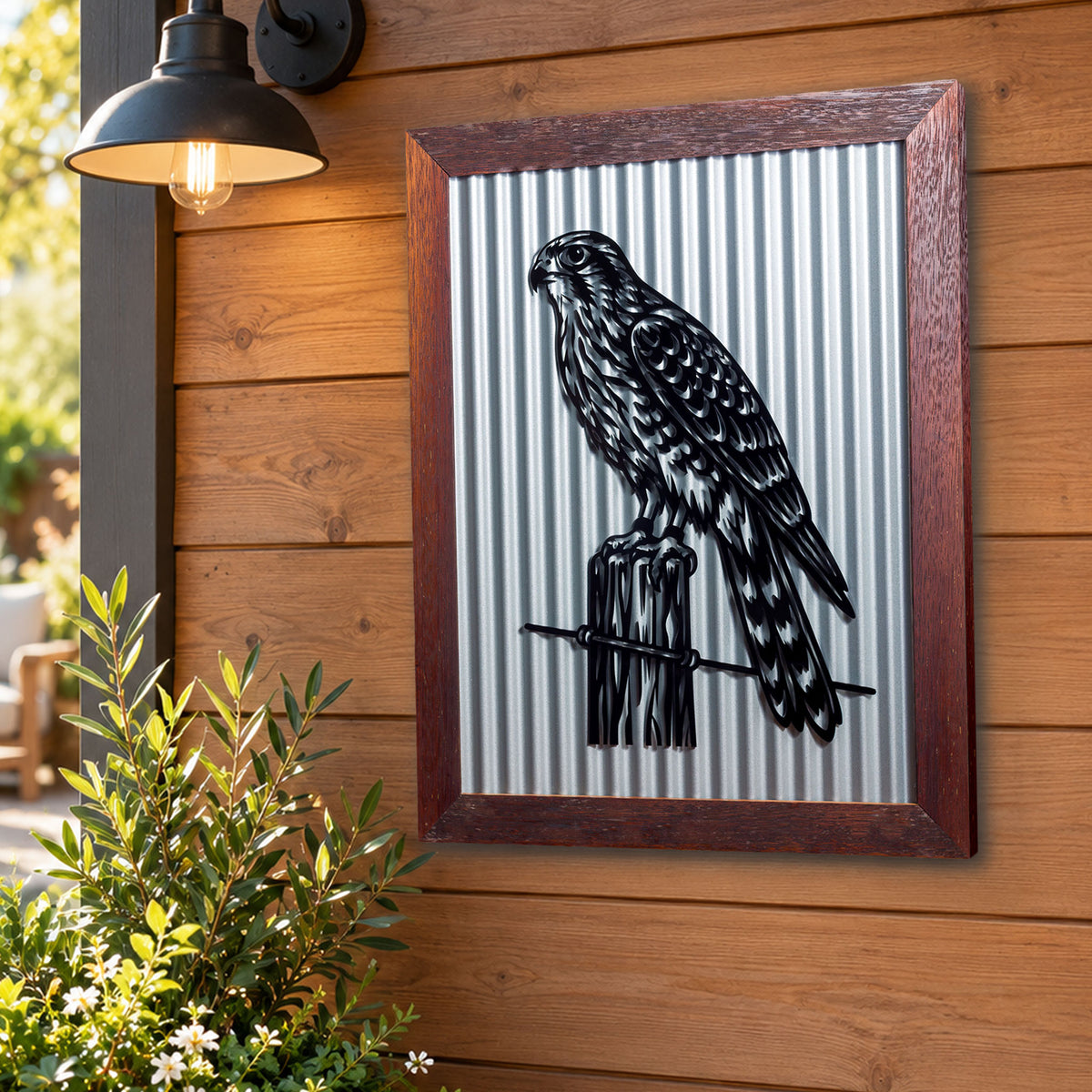 Kārearea New Zealand Falcon Outdoor Wall Art – Corrugated Metal & Black Acrylic – Kwila Frame