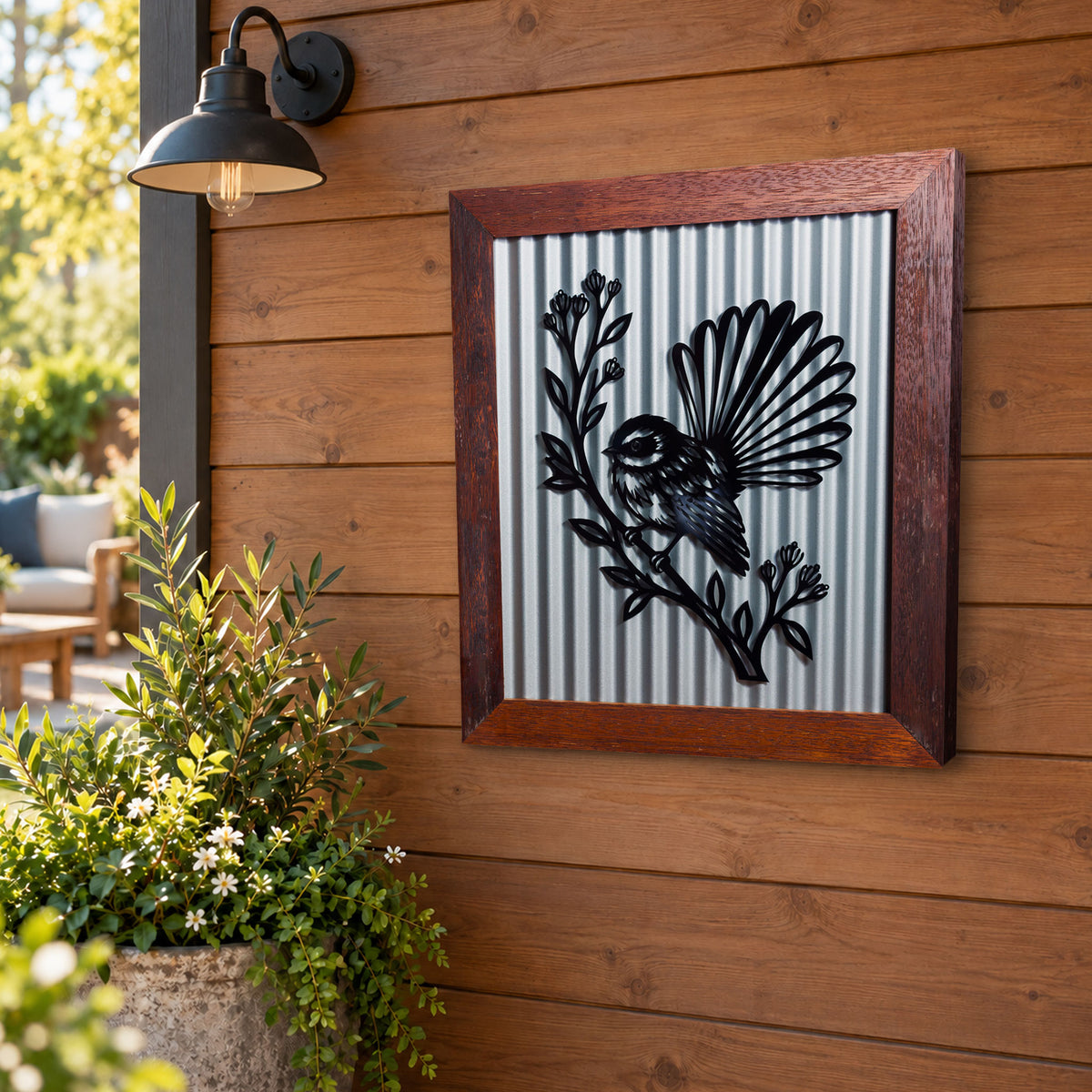 Pīwakawaka Fantail Outdoor Wall Art – Corrugated Metal & Black Acrylic – Kwila Frame