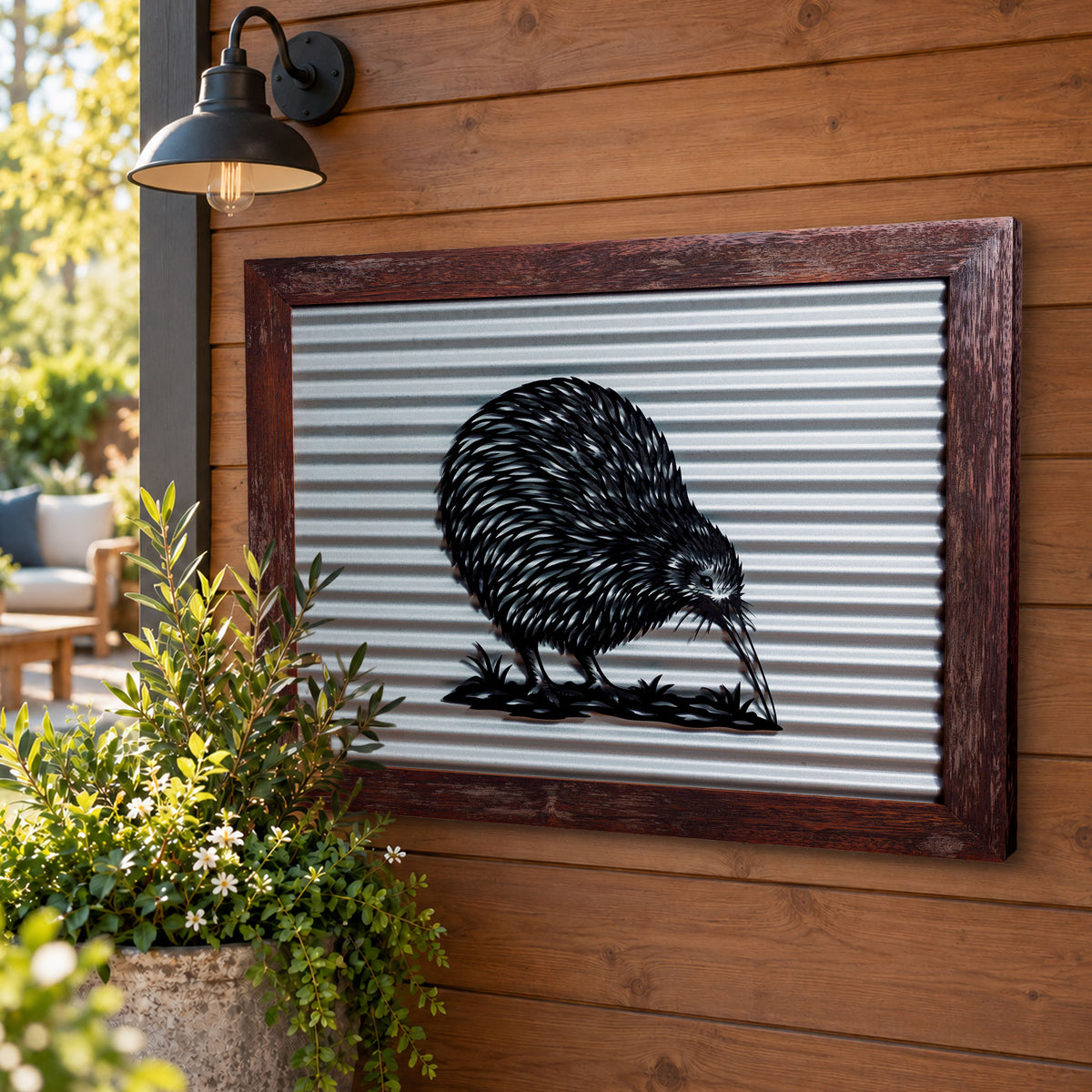 Kiwi Outdoor Wall Art – Corrugated Metal & Black Acrylic – Kwila Frame