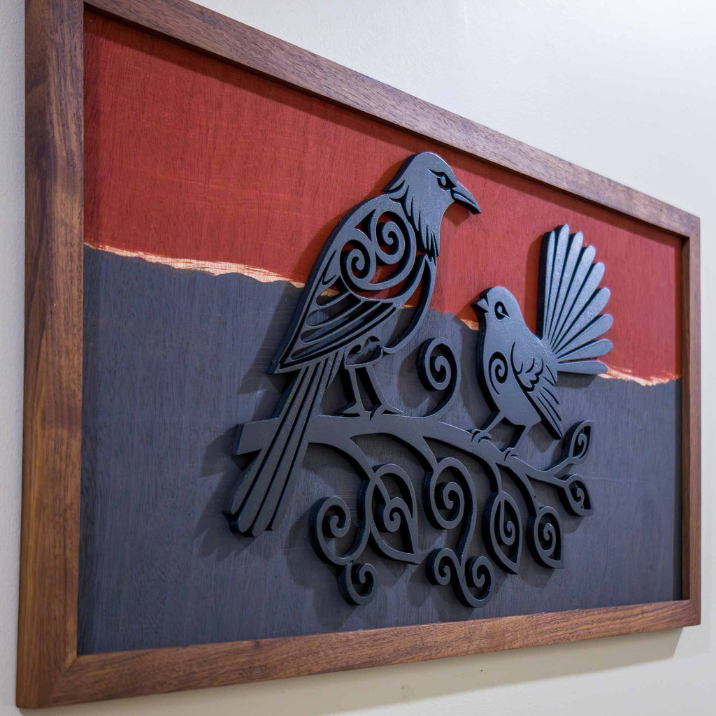 Tui & Fantail – Twilight Series (A3 Landscape 333×650mm) | Handmade NZ Timber | furnACE