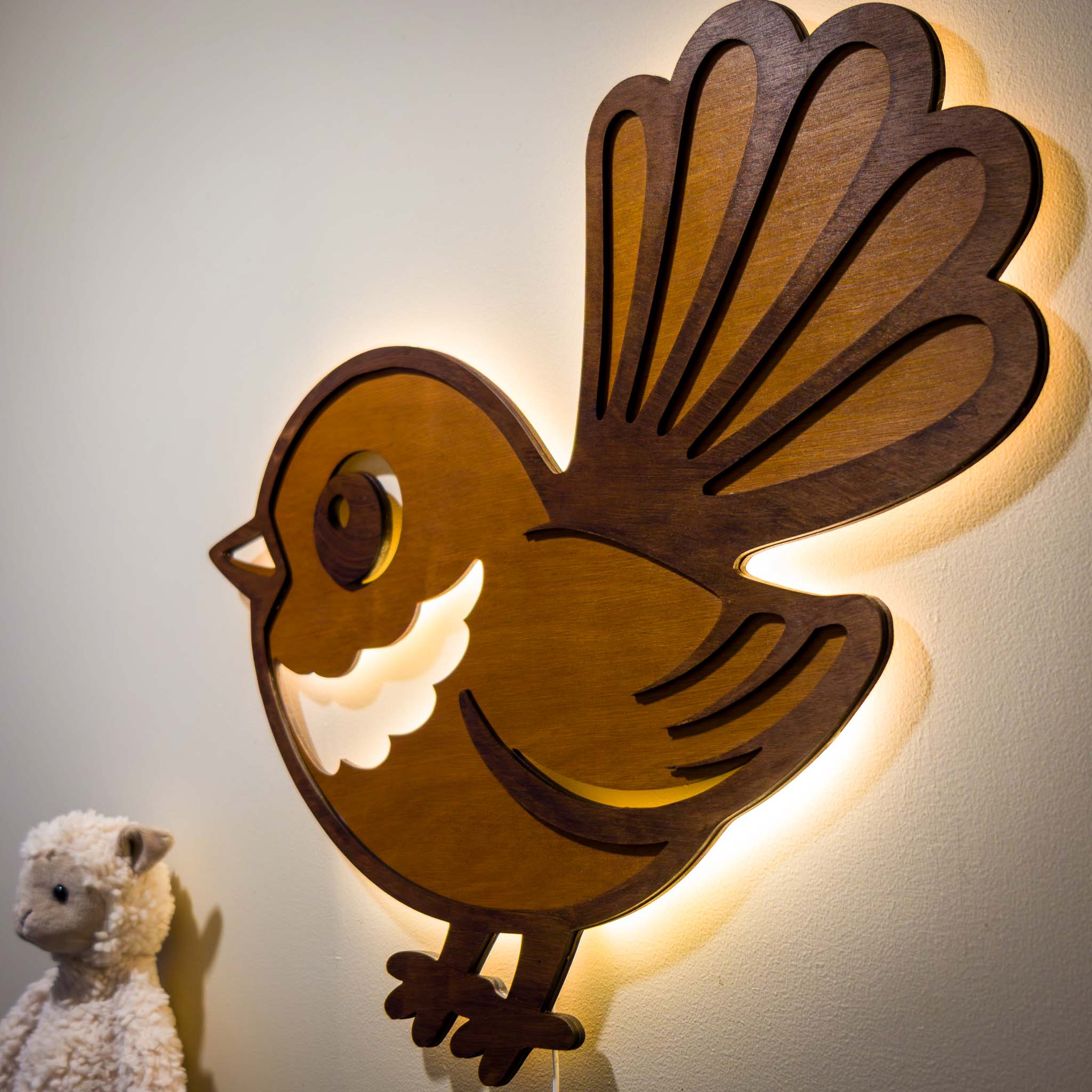 NZ Fantail Backlit Night Light (USB) | Nursery Wall Light | Handmade NZ Timber | furnACE