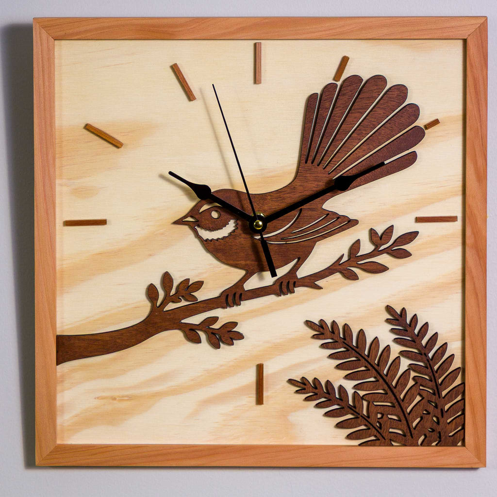 NZ Fantail Wall Clock (315×315mm) | Silent Sweep | Handmade NZ Timber | furnACE