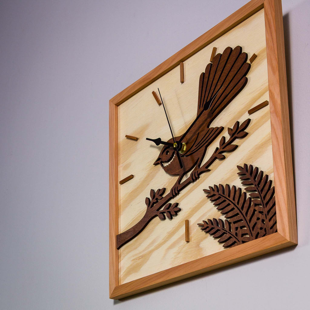 NZ Fantail Wall Clock (315×315mm) | Silent Sweep | Handmade NZ Timber | furnACE