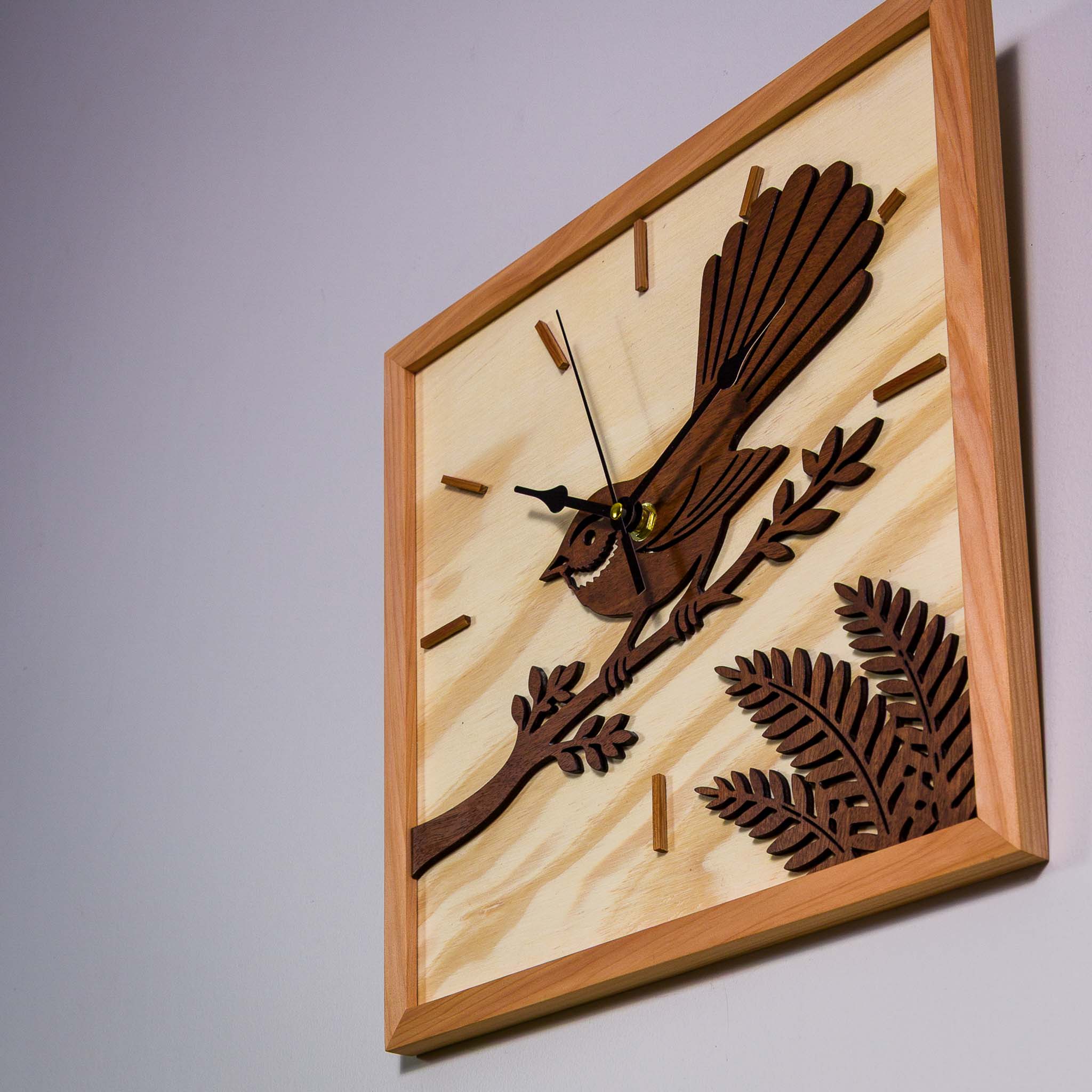 NZ Fantail Wall Clock (315×315mm) | Silent Sweep | Handmade NZ Timber | furnACE