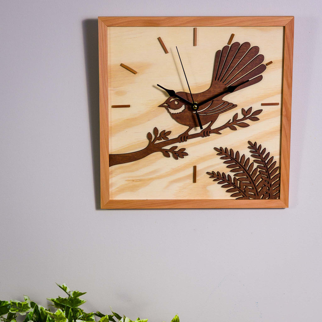 NZ Fantail Wall Clock (315×315mm) | Silent Sweep | Handmade NZ Timber | furnACE