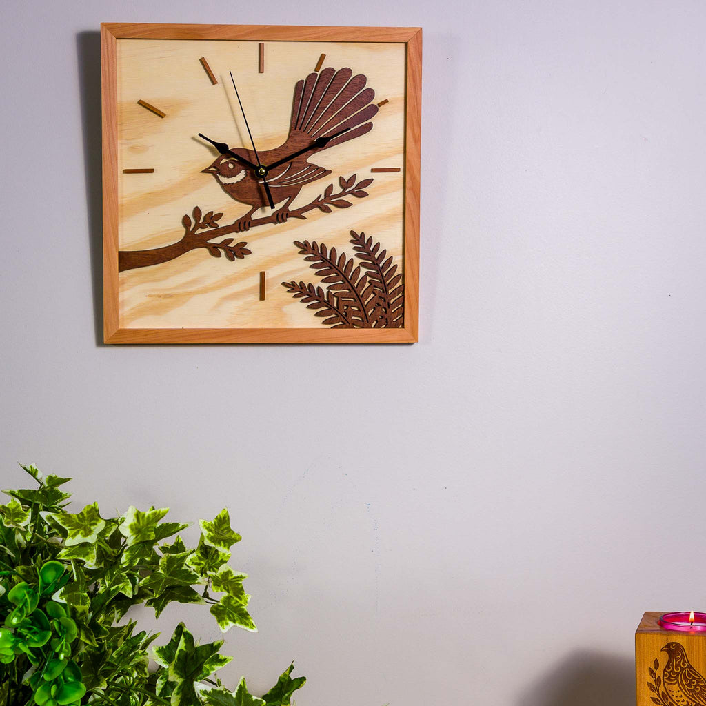 NZ Fantail Wall Clock (315×315mm) | Silent Sweep | Handmade NZ Timber | furnACE
