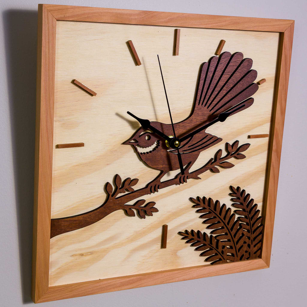 NZ Fantail Wall Clock (315×315mm) | Silent Sweep | Handmade NZ Timber | furnACE