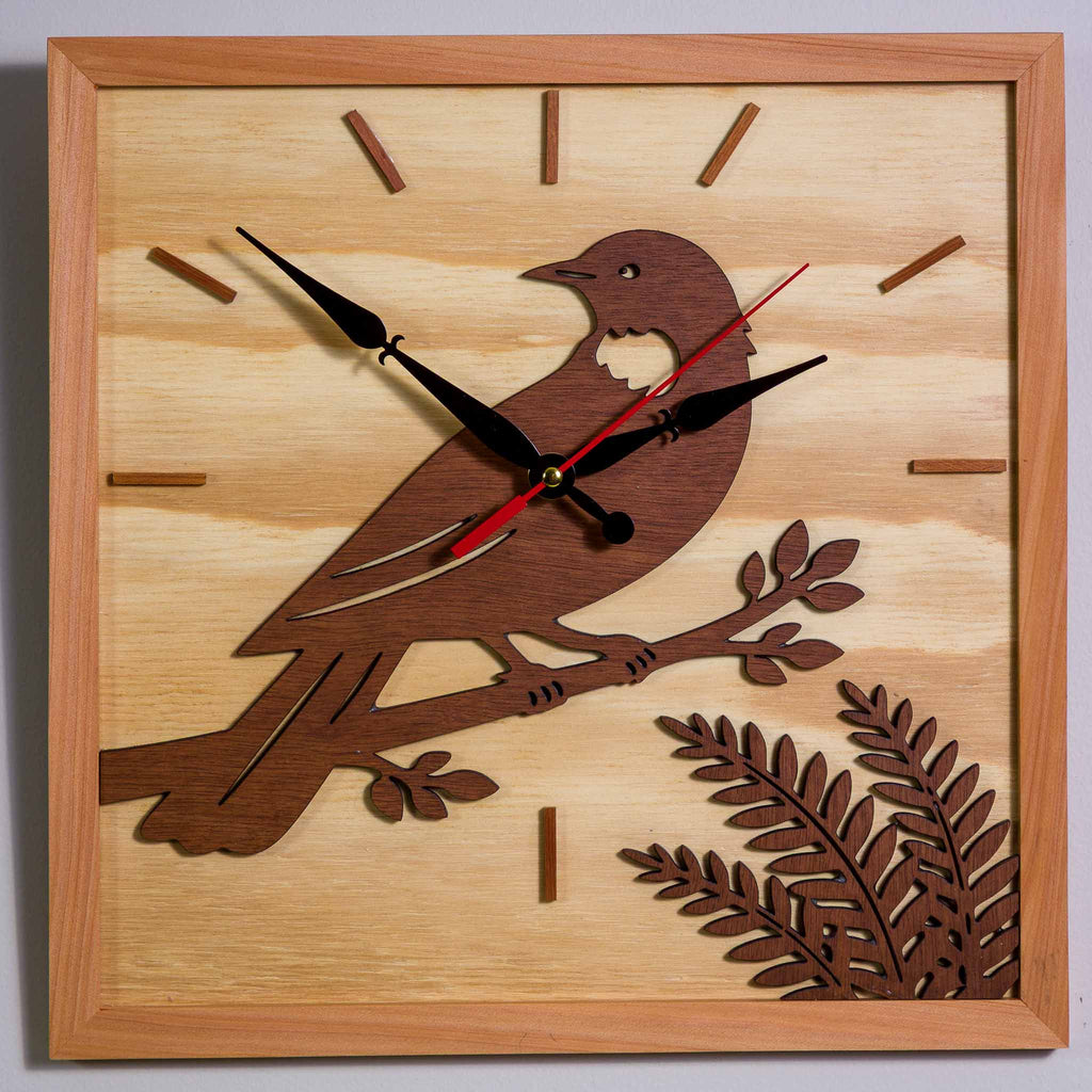 NZ Tui Wall Clock (315×315mm) | Silent Sweep | Handmade NZ Timber | furnACE