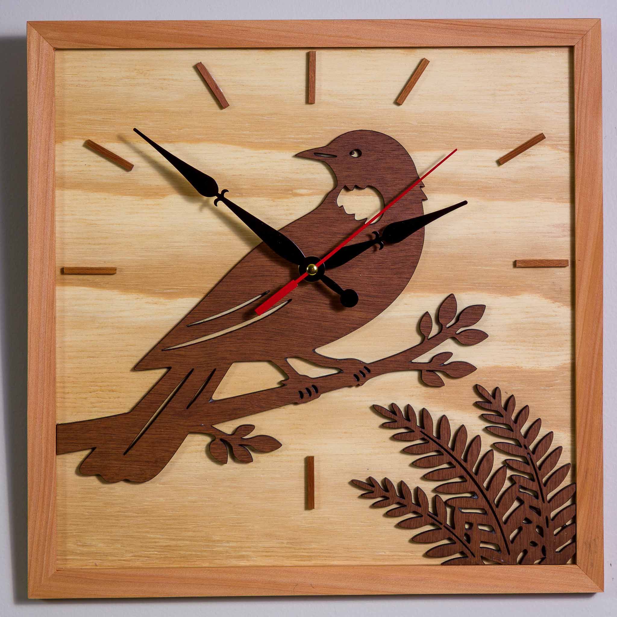 NZ Tui Wall Clock (315×315mm) | Silent Sweep | Handmade NZ Timber | furnACE