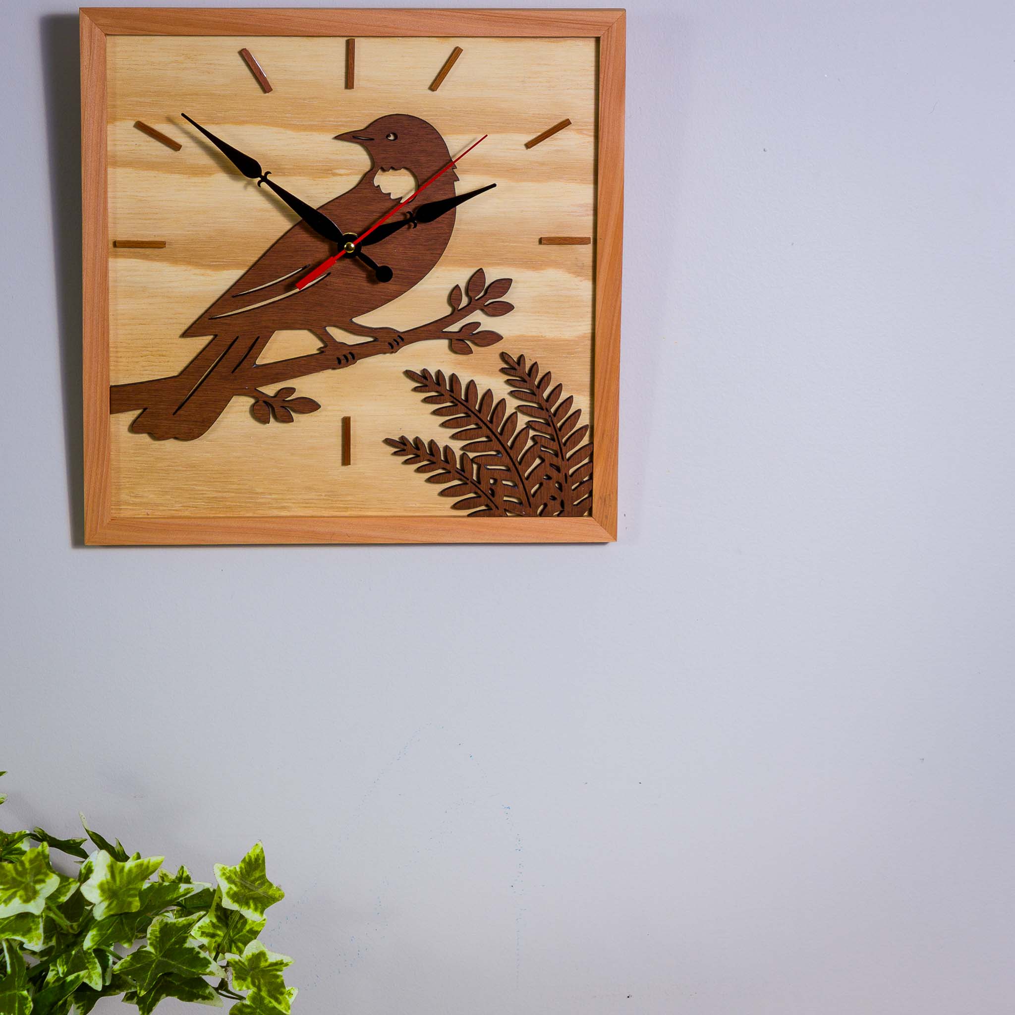 NZ Tui Wall Clock (315×315mm) | Silent Sweep | Handmade NZ Timber | furnACE