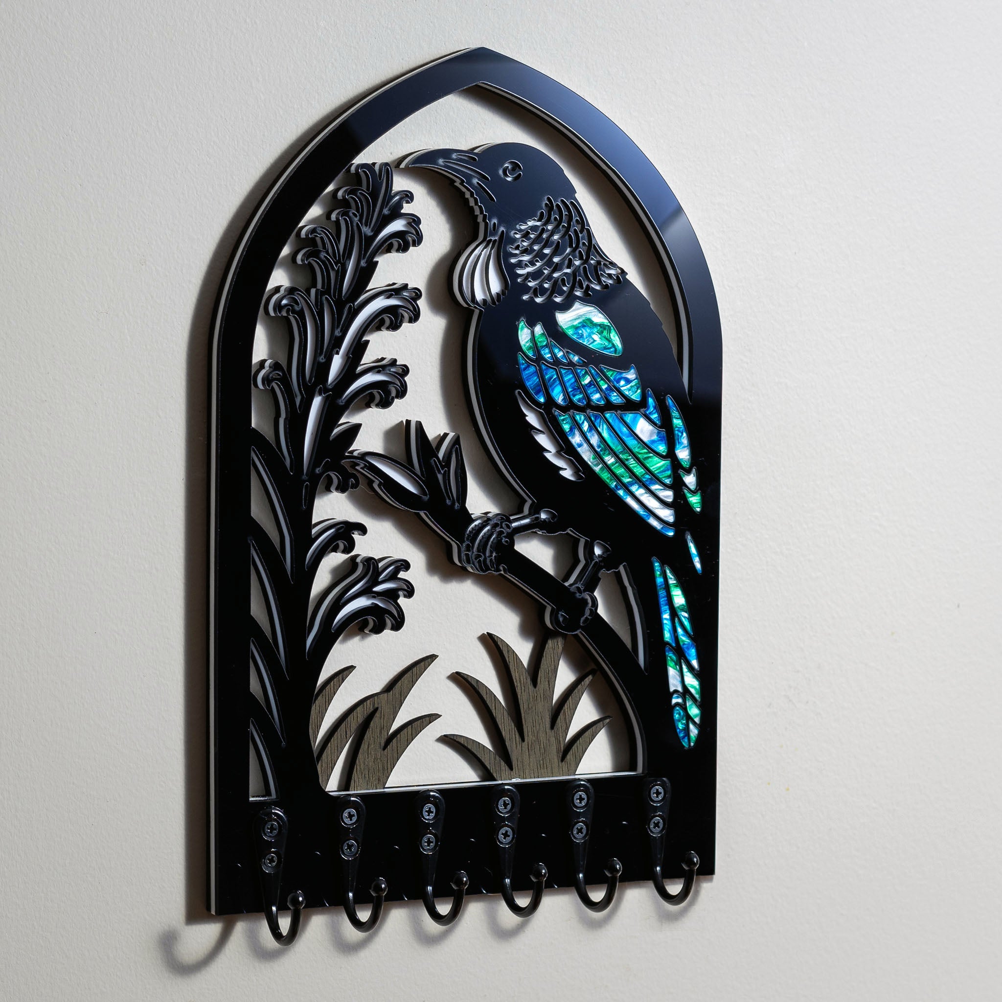 Tui in Pāua - Layered Wall Art Key Holder