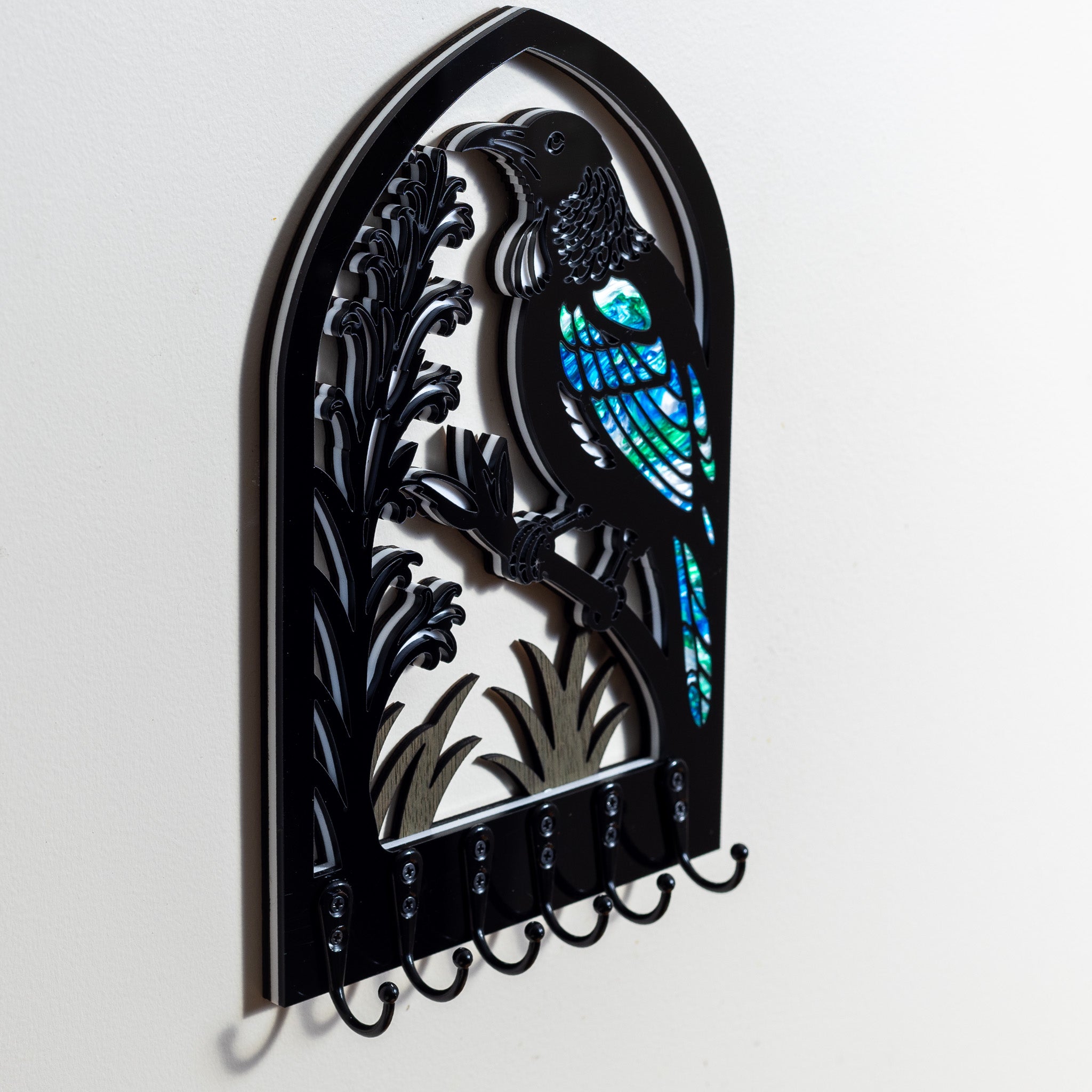 Tui in Pāua - Layered Wall Art Key Holder
