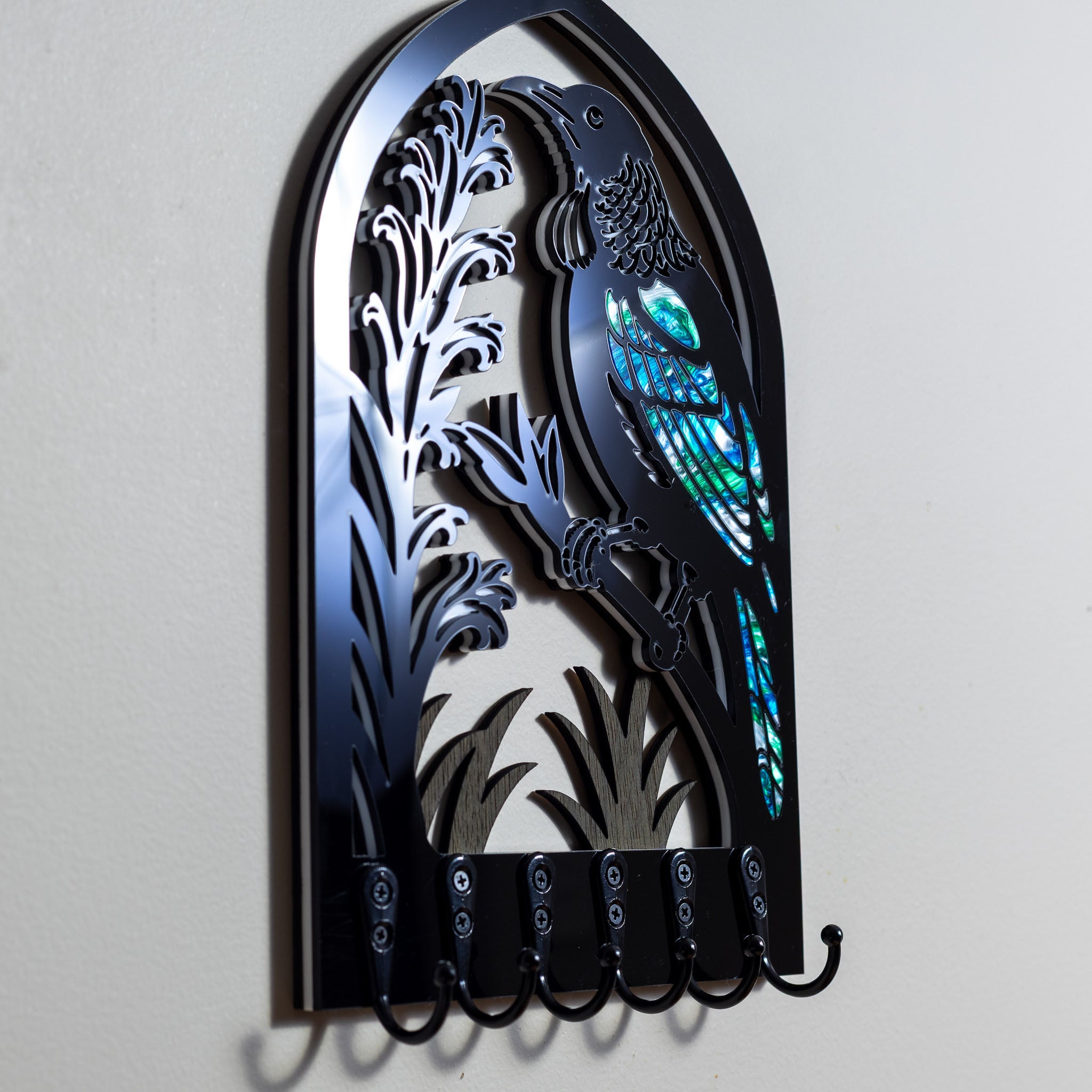 Tui in Pāua - Layered Wall Art Key Holder