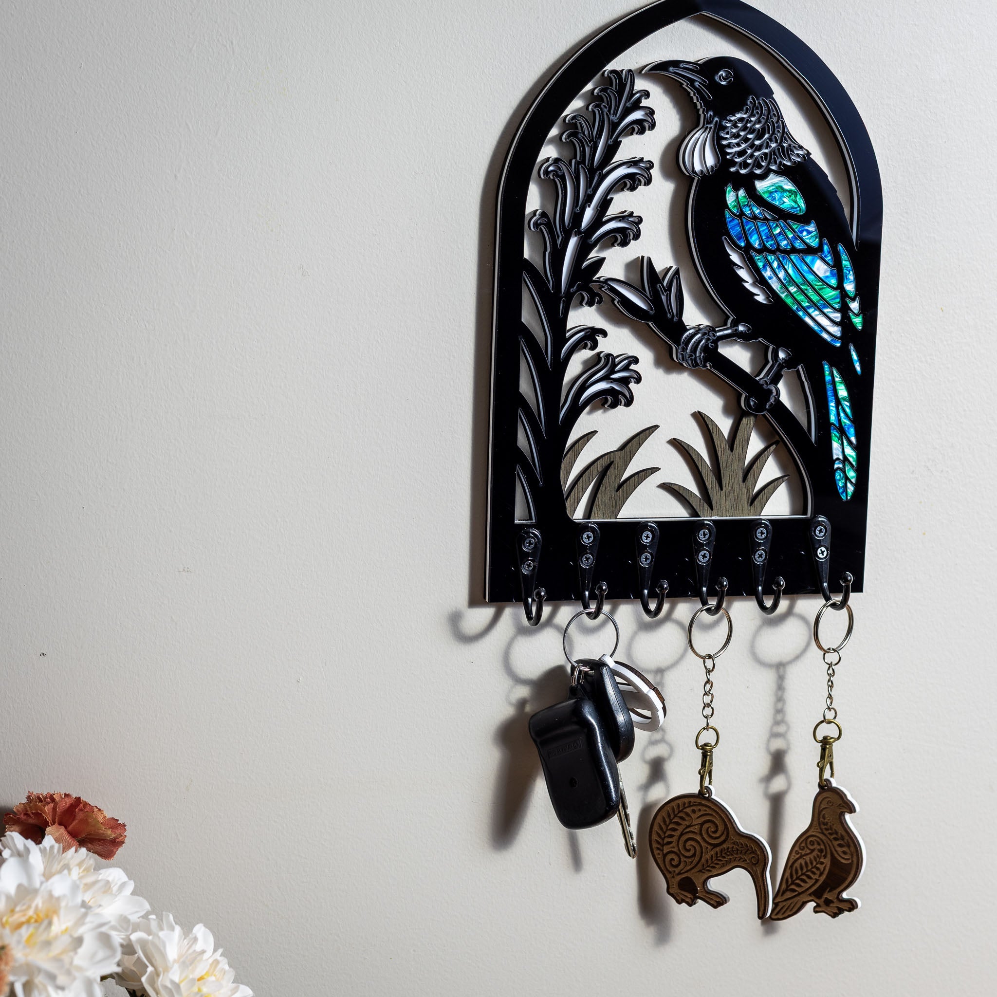 Tui in Pāua - Layered Wall Art Key Holder