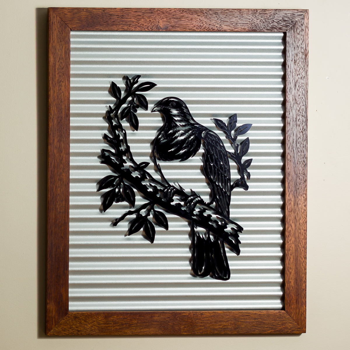 Kererū Wood Pigeon Outdoor Wall Art – Corrugated Metal & Black Acrylic – Kwila Frame