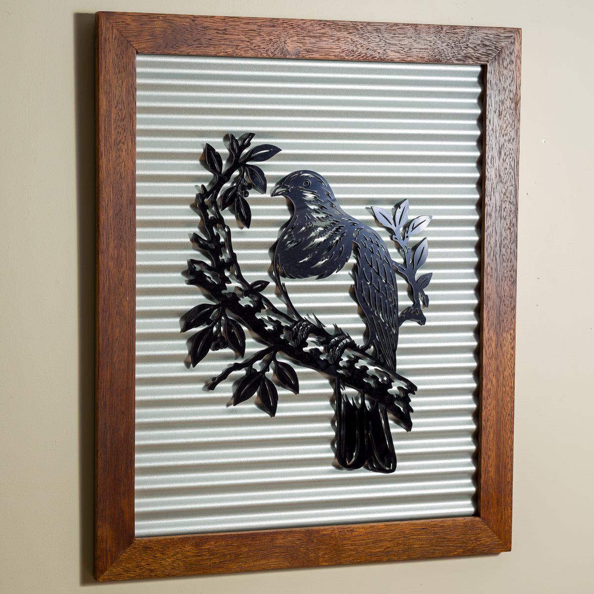 Kererū Wood Pigeon Outdoor Wall Art – Corrugated Metal & Black Acrylic – Kwila Frame