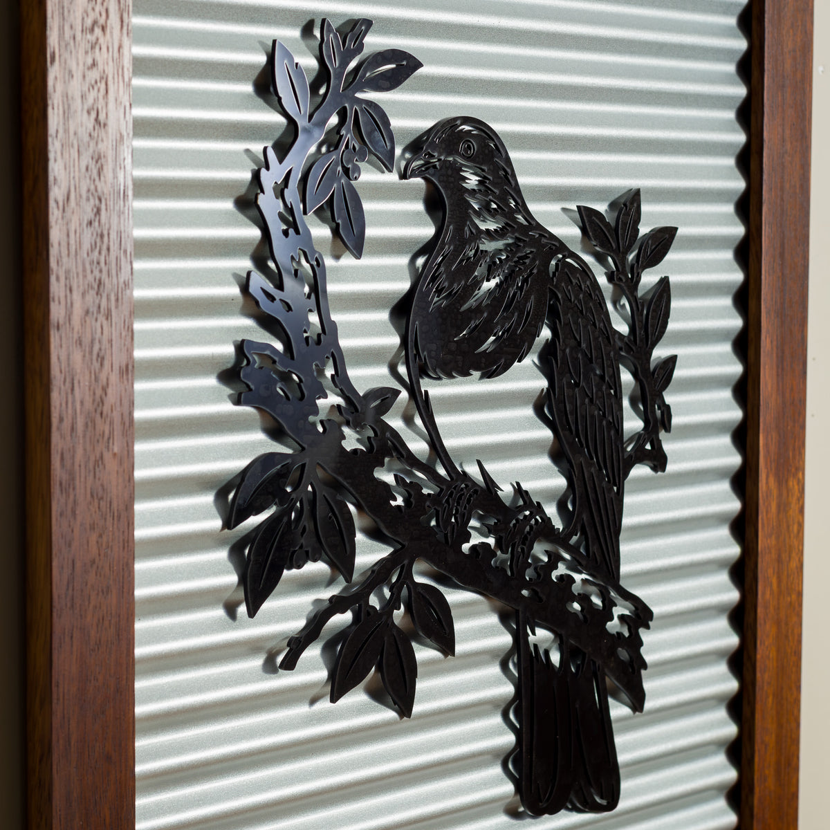 Kererū Wood Pigeon Outdoor Wall Art – Corrugated Metal & Black Acrylic – Kwila Frame
