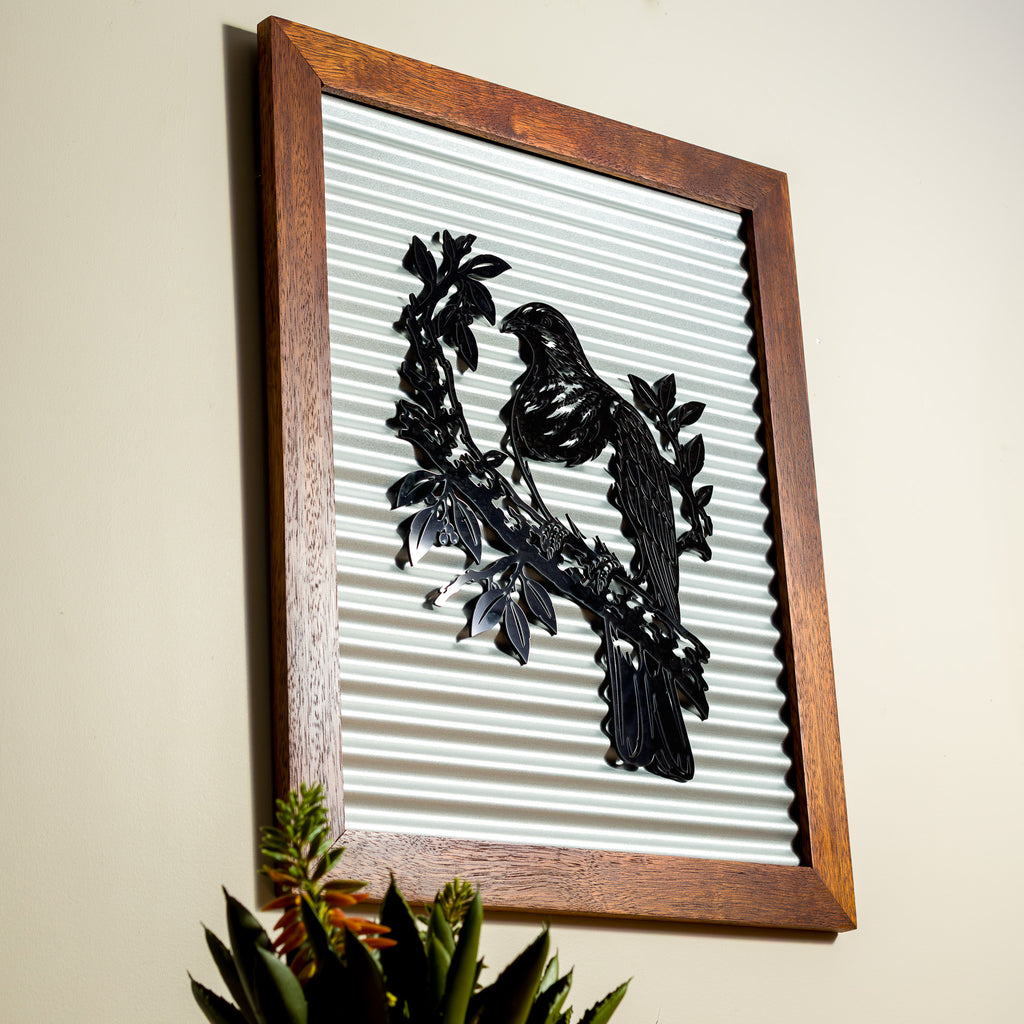 Kererū Wood Pigeon Outdoor Wall Art – Corrugated Metal & Black Acrylic – Kwila Frame