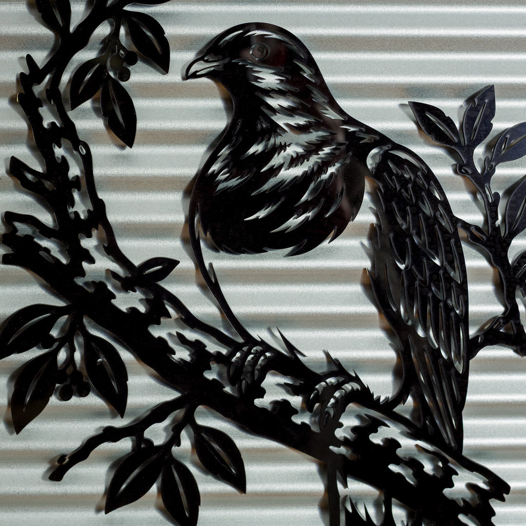 Kererū Wood Pigeon Outdoor Wall Art – Corrugated Metal & Black Acrylic – Kwila Frame