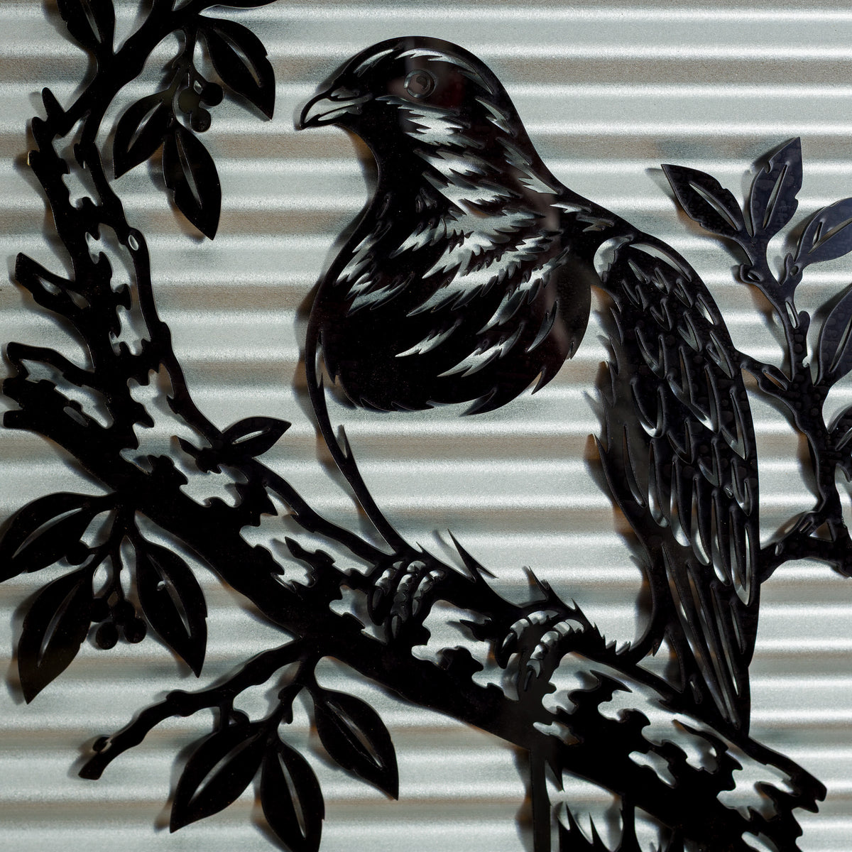 Kererū Wood Pigeon Outdoor Wall Art – Corrugated Metal & Black Acrylic – Kwila Frame