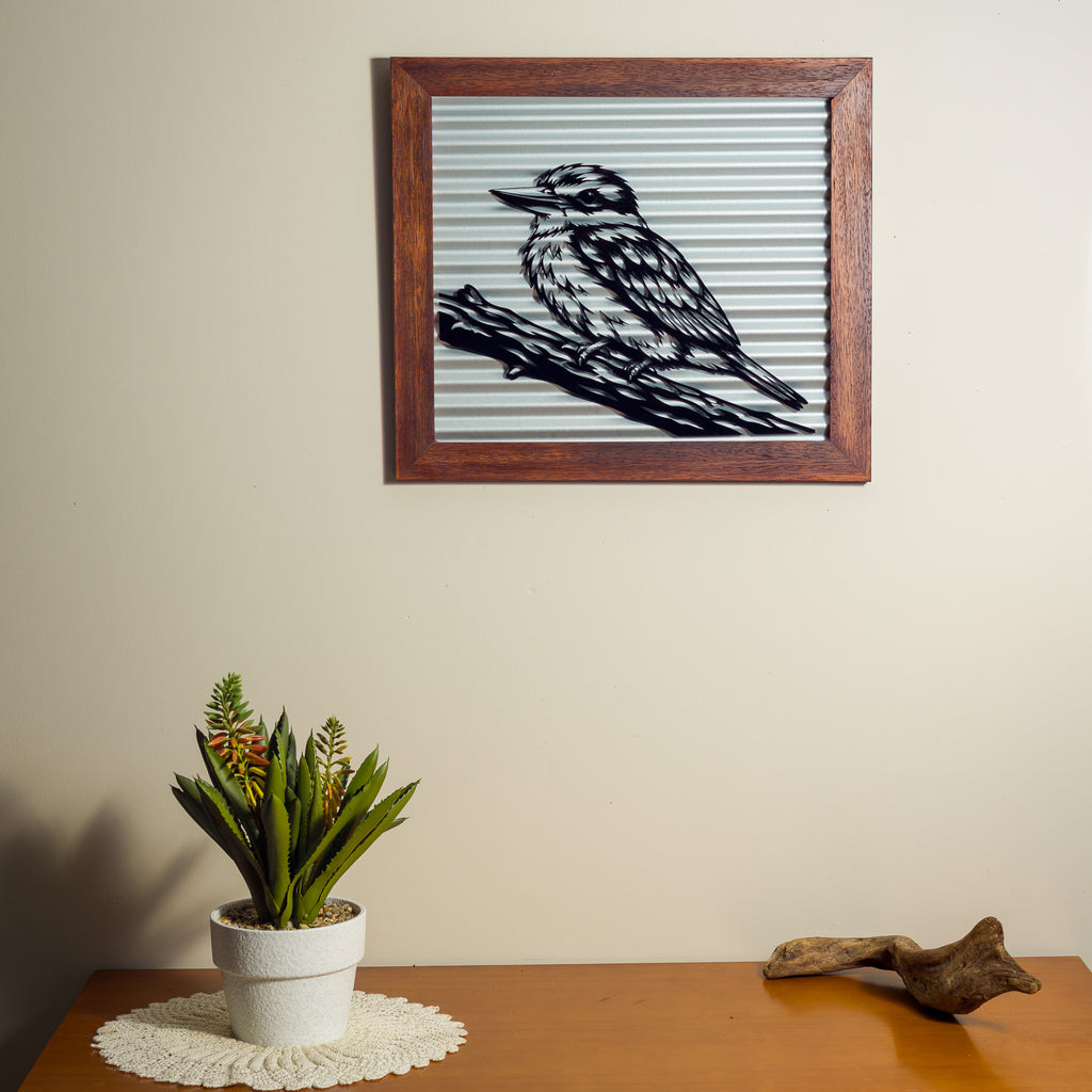 Kōtare Kingfisher Outdoor Wall Art – Corrugated Metal & Black Acrylic – Kwila Frame