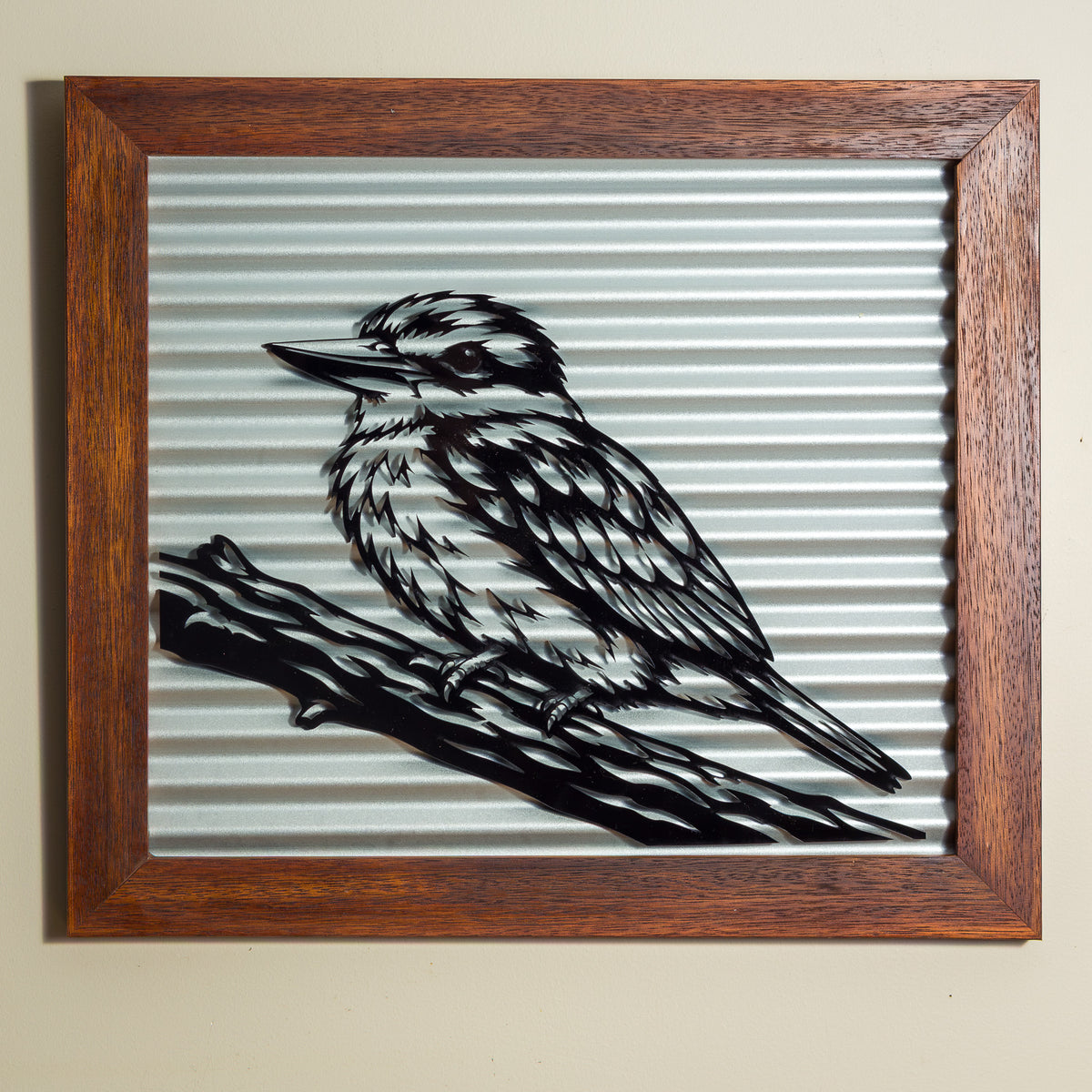 Kōtare Kingfisher Outdoor Wall Art – Corrugated Metal & Black Acrylic – Kwila Frame