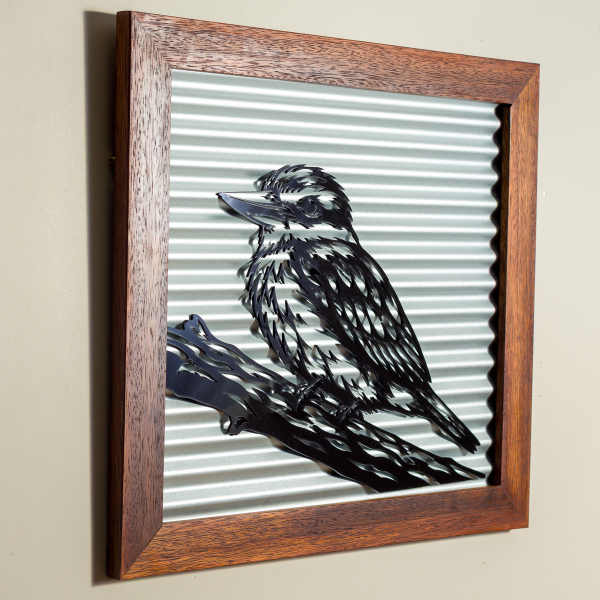 Kōtare Kingfisher Outdoor Wall Art – Corrugated Metal & Black Acrylic – Kwila Frame