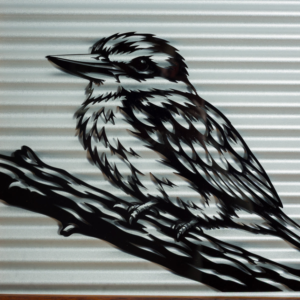 Kōtare Kingfisher Outdoor Wall Art – Corrugated Metal & Black Acrylic – Kwila Frame